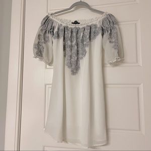 For love & lemons white off-shoulder dress with grey embroidery size M